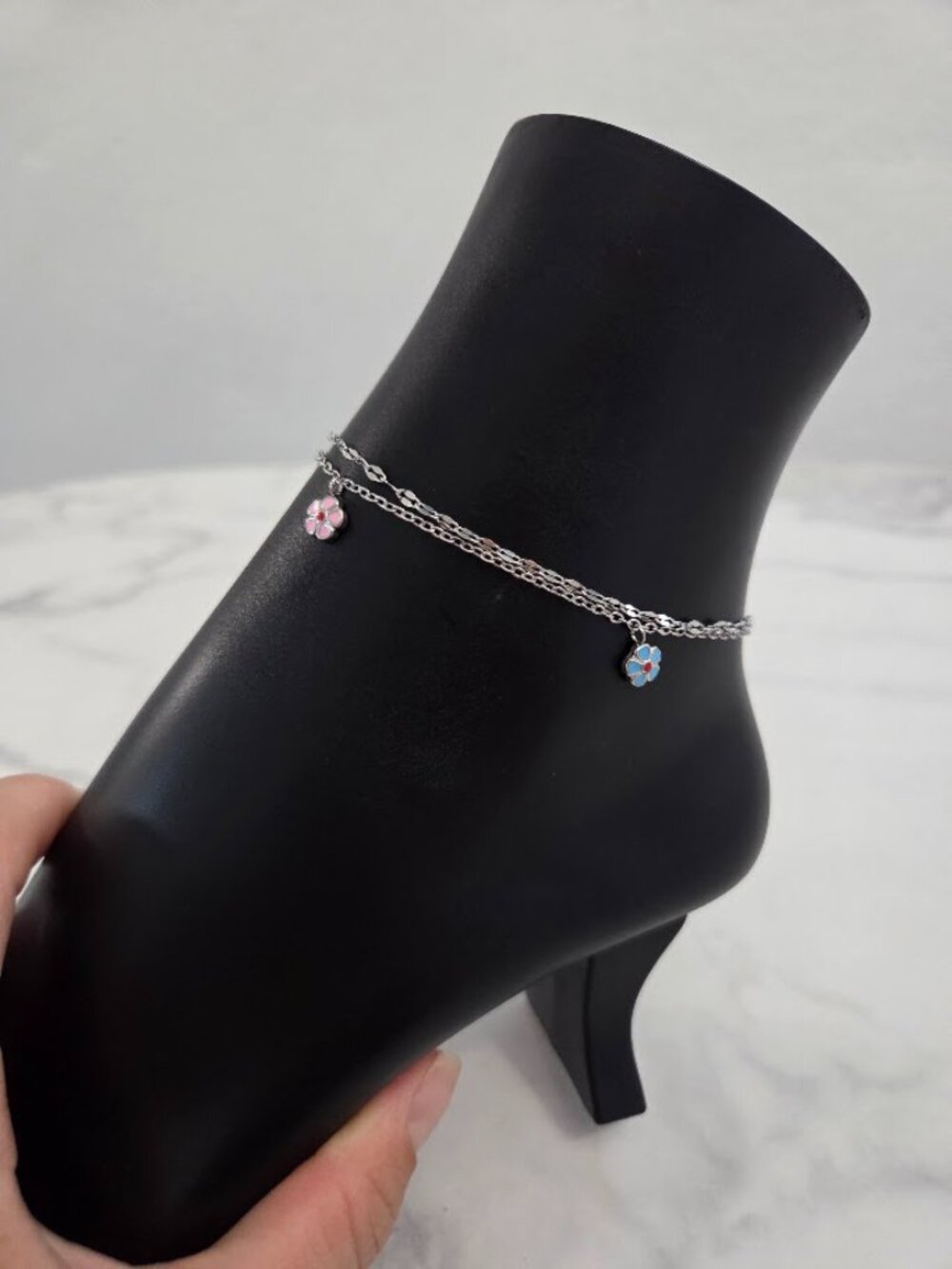 Boho Silver Double Chain Flower Anklet Pink Blue - Picture 7 of 16